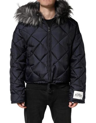 Dolce & Gabbana Black Quilted Fur Shearling Hooded Mens Jacket
