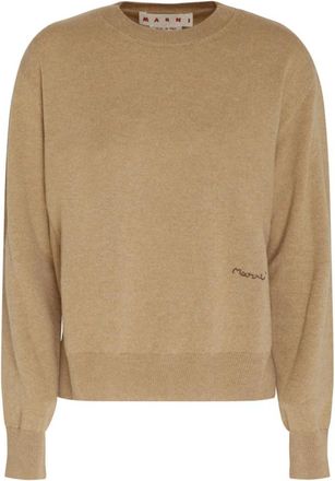 Marni Logo Geborduurde Kasjmier Trui - Dames - Cashmere truien - Bruin - 2XS - Kasjmier - Truien & Vesten