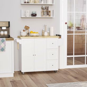 HOMCOM Drop Leaf Kitchen Island on Wheels Utility Storage Cart with Drawers in White