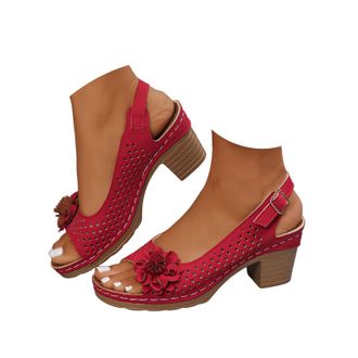 Generic Wedge Sandals for Women Summer Open Toe Low Chunky Heeled Ankle Strap Flower Shoes with Arch Support Dressy Breathable Wide Fit Low Heeled Sandal Fash