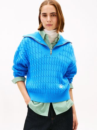 Tommy Hilfiger Troyer TOMMY HILFIGER CO CABLE MID GG 1/2 ZIP LS SWT, Damen, Gr. XL (42), mesmerizing blau, Strick, Obermaterial: 100% Baumwolle, unifarben, regular f