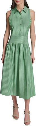 Karl Lagerfeld Stripe Sleeveless Cotton Blend Midi Shirtdress in Botanic Green/Soft White at Nordstrom, Size 10