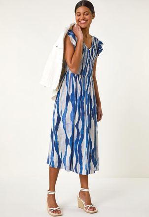 Roman Wave Print Shirred Midi Dress