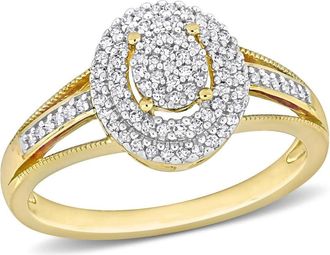 Amour 1/4 CT TDW Diamond Double Halo Oval Cluster Split Shank Ring In 10K Yellow Gold