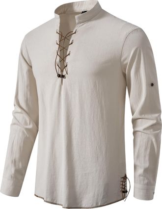 PARKLEES Mens Cotton Retro Lace Up Long Sleeve Shirts for Renaissance Pirate Viking Medieval Halloween Cosplay Costumes Beige White XX-Large