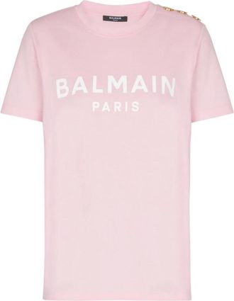 Balmain T-Shirts, female, Pink, Size: L Pink Logo Design Top Short Sleeves