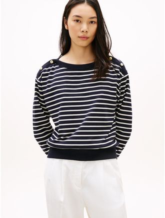 Tommy Hilfiger Womens Stripe Gold-Button Boatneck Sweatshirt - Navy - L