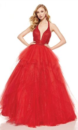 Alyce Paris Beaded V Neck Layered Tulle Ball Gown