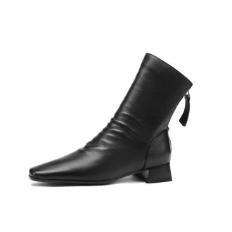 TinaCus Womens Genuine Leather Handmade Block Heel Zip Up Little Square Toe Ankle Boots, Black, 4 UK