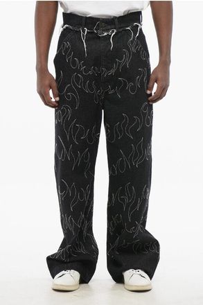 AIREI Jeans a Gamba Dritta Ricamati con Dettagli Sfrangiati 30cm taglia M