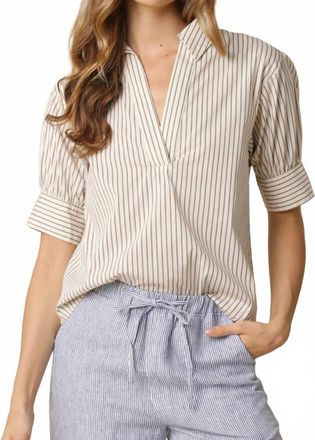 Olivaceous Split Neck Blouse In Taupe Stripe