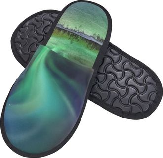 Generic Women Men Slippers Amazing Green Northern Light Bedroom Slippers Ultralight Soft House Slippers Plush Fleece Lined Indoor Shoes For Outdoor Guest Part