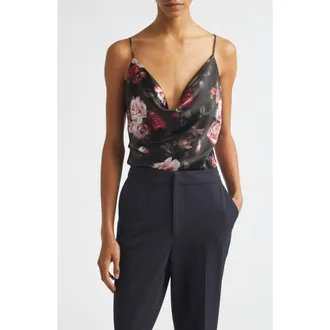 L'agence Calista Cowl Neck Silk Camisole in Black/rhododendron Blurredrose at Nordstrom, Size Xx-Large