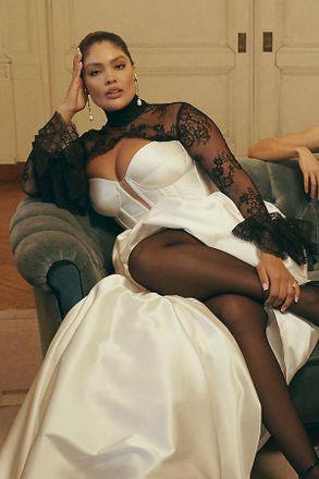 Watters Carina Strapless Plunged Basque-Waist Fit & Flare Satin Wedding Gown