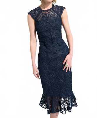 Joseph Ribkoff Guipure Soutache Trumpet Dress With Ruffle Hem In Midnight Blue