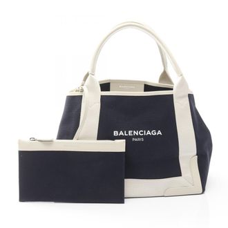 Balenciaga Navy White Canvas Leather Tote Bag (Pre-Owned)