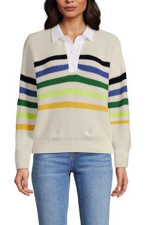 Lands End Drifter Rugby with Woven Collar Sweater in Ivory/multi Gem Placed Stripe at Nordstrom, Size X-Large P
