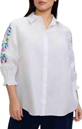 Foxcroft Olivia Embroidered Sleeve Stretch Cotton Blend Button-Up Shirt in White at Nordstrom, Size 2 X