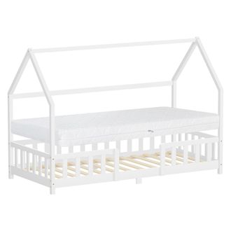 ML Design Ml-design Cama Infantil 90x200cm Blanco, Con Colch&oacute;n Al:16cm, Protecci&oacute;n Antica&iacute;da, Techo Y Somier, Listones De Madera De Maciza De Pino Lecho Montess