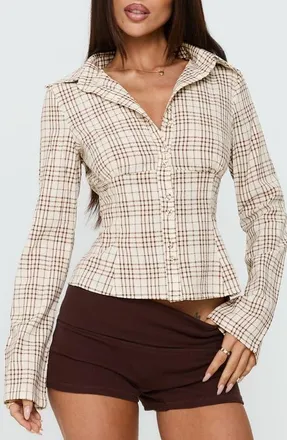 Princess Polly Cottesloe Plaid Cotton Button-Up Shirt in Brown Check at Nordstrom, Size 2