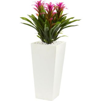 Nearly Natural Triple Bromeliad Artificial Plant in White Tower Planter in Purple at Nordstrom