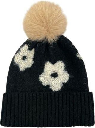 MARCUS ADLER Flower Pompom Beanie in Black at Nordstrom Rack