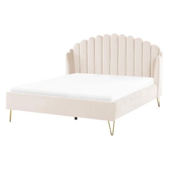 Beliani Cama Con Somier De Terciopelo 160 X 200 Cm Cabecero Beige Ambillou