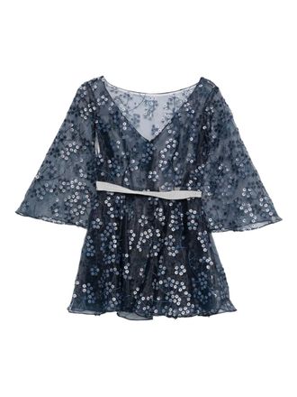 Gemy Maalouf floral-embroidered bell-sleeve top - women - Polyester - 38 - Blue