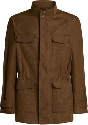Kiton Linnen Utility Jas - Heren - Zomerjassen - Bruin - XL - Linnen - Jassen