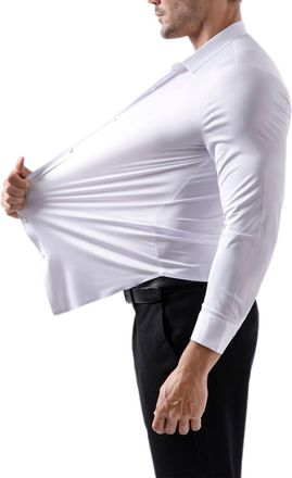 Generic Muscle Fit Long Sleeve Dress Shirt for Men, Stretch Solid Non-Iron Anti-Wrinkle Shirts, Lapel Elastic Blouse Business Tops (White,XL)
