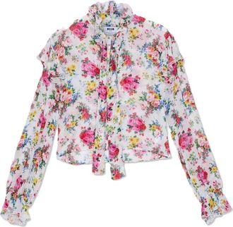 Msgm Georgette Viscose Blouse met bloemenprint en rucheskraag - Dames - Overhemden - Veelkleurig - XS - Overhemden