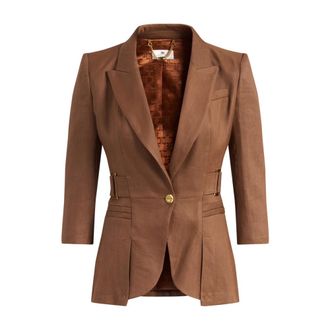 Elisabetta Franchi Blazers, female, Brown, Size: S Giacca in gabardina di misto lino