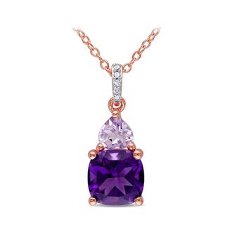 Amour Amethyst-Africa, Rose De France and Diamond Heart Accent Solitaire Pendant with Chain In 2-Tone Rose and White Sterling Silver
