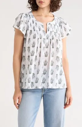 Lucky Brand Floral Cap Sleeve Cotton Top in White Multi at Nordstrom Rack, Size X-Large
