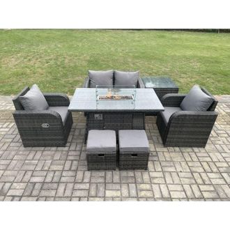 Fimous Rattan Garden Furniture Set Outdoor Patio Gas Fire Pit Dining Table and Chairs with Side Table Love seat Sofa 2 Small Footstools - Fimous