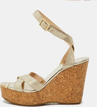 Jimmy Choo London Gold Coated Fabric Cork Platform Wedge Sandals