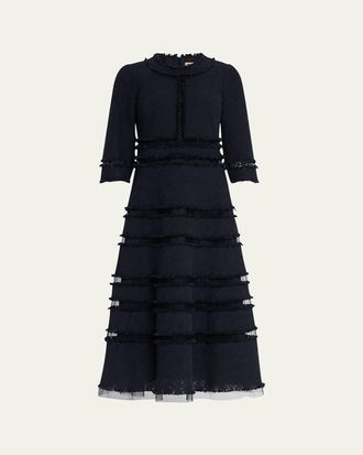 Maison Common 3/4-Sleeve Fringed Tulle-Inset Midi Dress