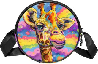 Generic Circle Crossbody Bag for Women, Giraffe Rainbow Small Sling Bag Daypack with Zipper Adjustable Shoulder Straps Casual Ladies Girls Round Purse