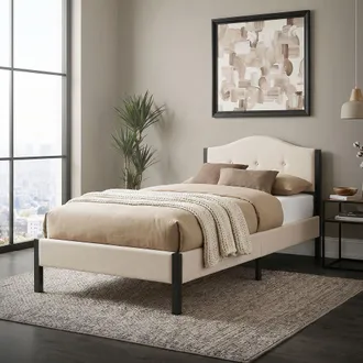 ML Design Ml-design Cama Tapizada Individual 90x200 Cm Estructura Con Cabecero Y Somier Robusto De L&aacute;minas Con Armaz&oacute;n De Acero Y Tejido De Lino Beige, Base Par