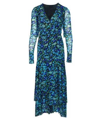 Ganni Ganni Floral Print Mesh Wrap Dress in Blue Polyamide
