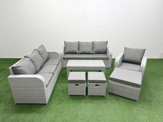 Fimous 10 Seater Poly Rattan Outdoor Garden Furniture Oblong Coffee Table Sofa Set Patio 3 Seater Sofa Reclining Chair 3 Seater Sofa 3 Stools Light