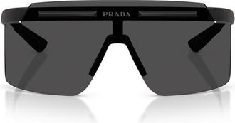 Prada 140mm Rectangular Shield Sunglasses in Matte Black /Dark Grey at Nordstrom