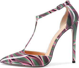 Castamere Womens High Stiletto Heel Close Pointed Toe Pumps Court Shoe T-Strap Ankle Strap Sandals Clear Dress Wedding Shoes Multicolor Patent A 6 UK