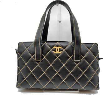 Chanel Wild Stitch Black Leather Handbag Tote Bag (Pre-Owned)