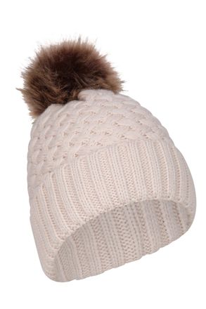 Mountain Warehouse Lisbon Fur Lined Womens Pom Beanie - Warm Ladies Cap, Breathable Hat Cap, Easy Care - Best for Travelling, Walking & Camping Beige (Fur Lined) One Siz