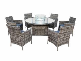 Outdoor Living Amazon Rattan Fire Pit Dining Set - Round Table with 6 Chairs in Grey