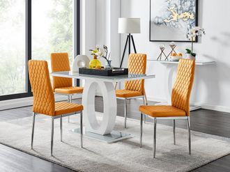 Furniturebox Giovani Grey White Modern High Gloss & Glass Dining Table & 4 Milan Chairs Set in Mustard