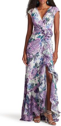 Tadashi Shoji Floral Wire Ruffle Detail Gown in White/purple Floral at Nordstrom, Size 12