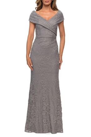 La Femme Lace Off The Shoulder Cap Sleeve Evening Dress in Platinum at Nordstrom, Size 18