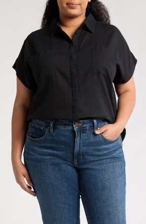 Caslon Double Pocket Linen Blend Camp Shirt in Black at Nordstrom Rack, Size 3X